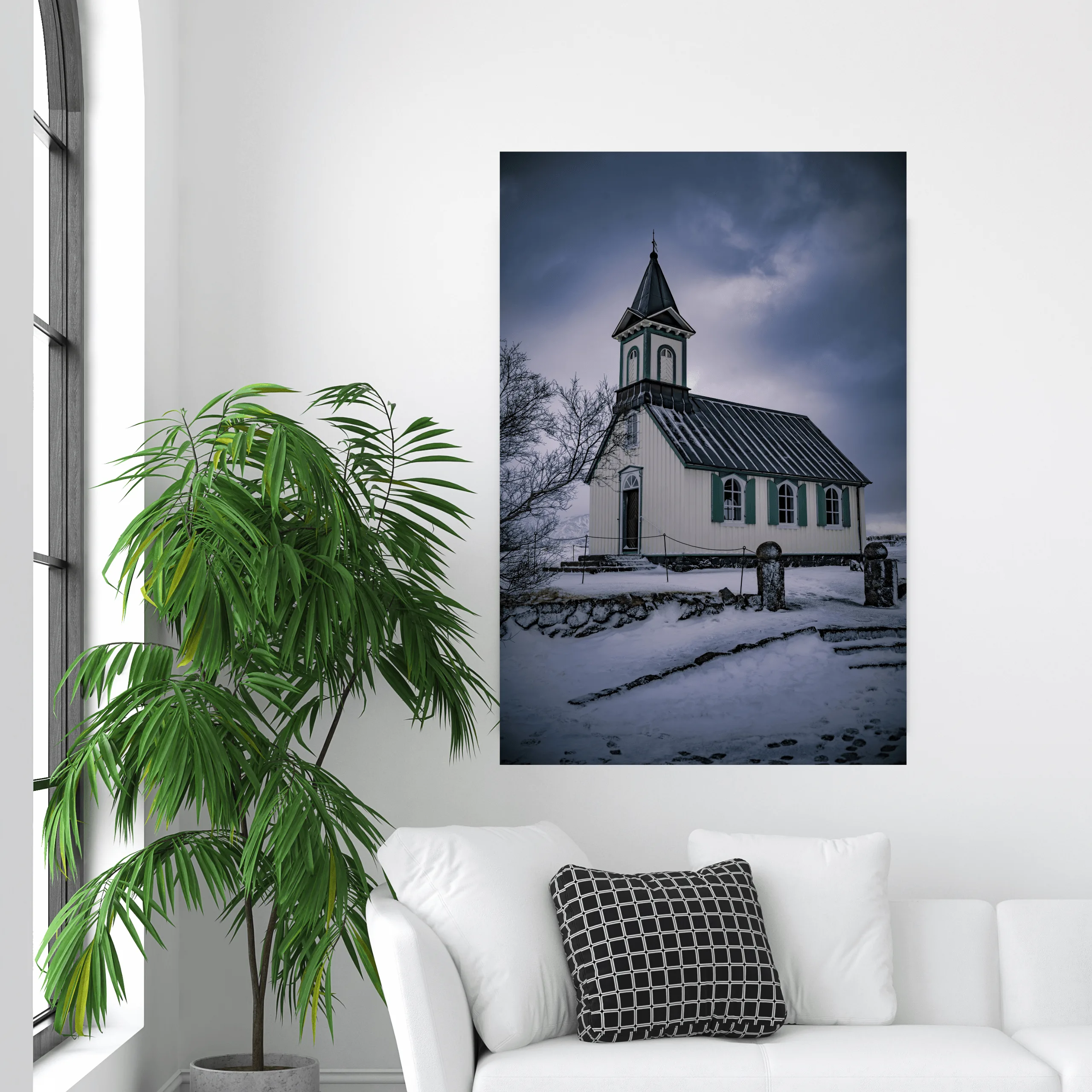 Thingvellir Church shown framed on a wall, for scale